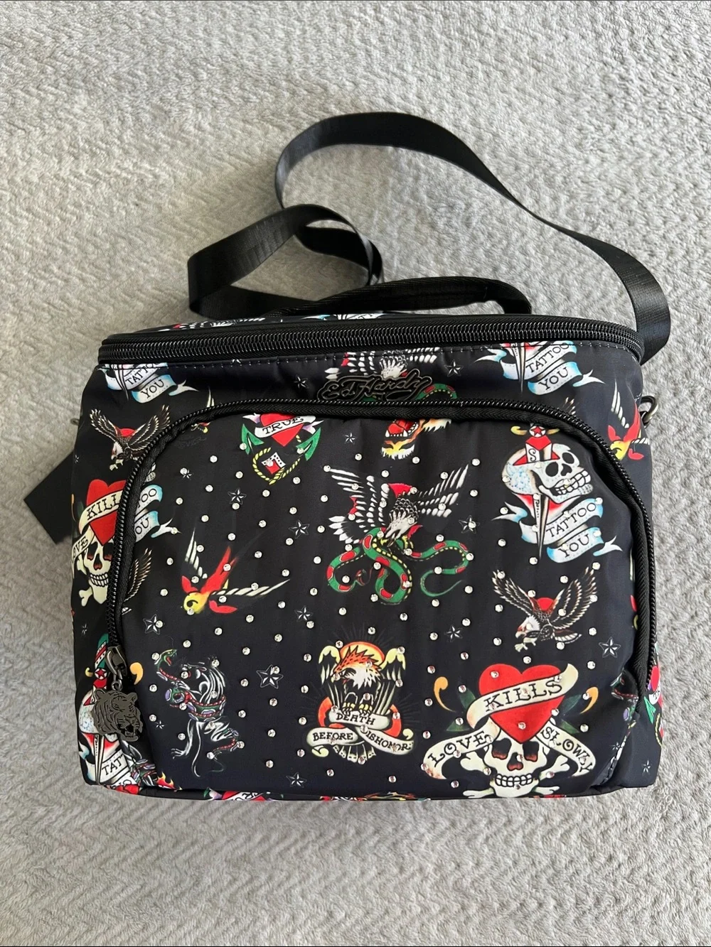 NWT Ed Hardy Rhinestoned Black Tattoo Print Insulated Lunch Tote Shoulder Bag